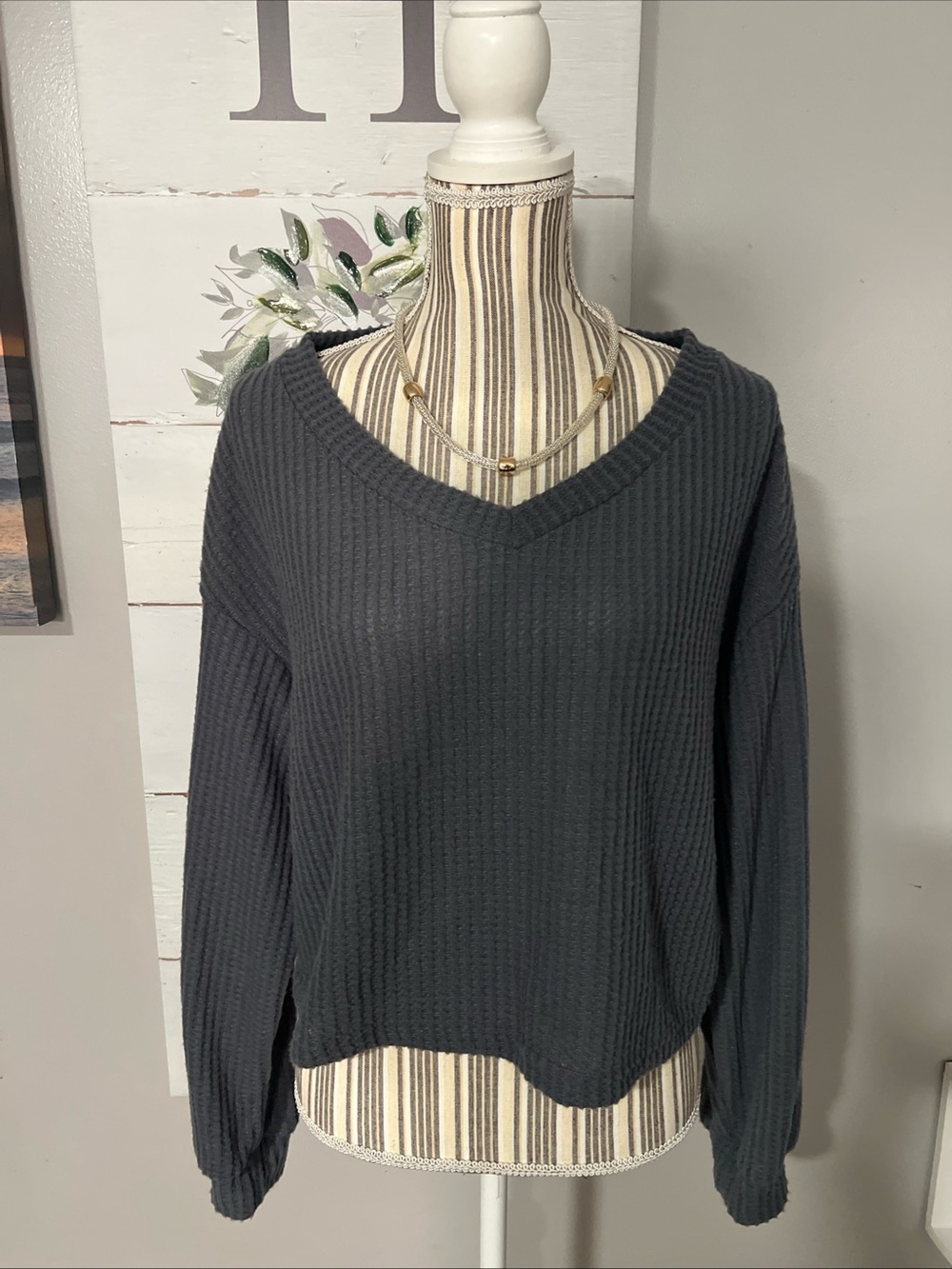 SHEIN Curve Black Waffle Knit V-Neck Sweater